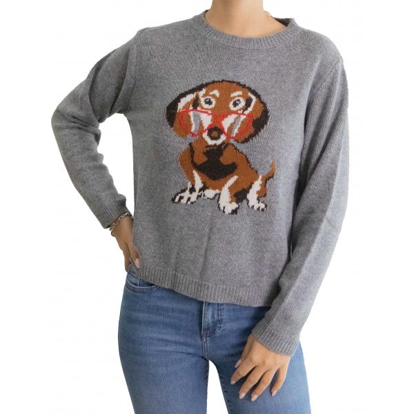 Maglia girocollo tinta unita con bassotto